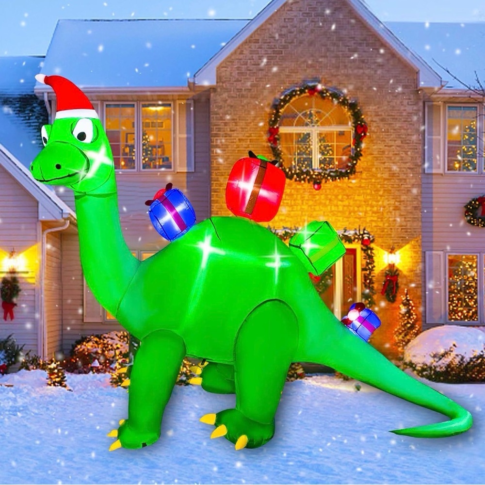 Festive Green Dinosaur Inflatable with Santa Hat